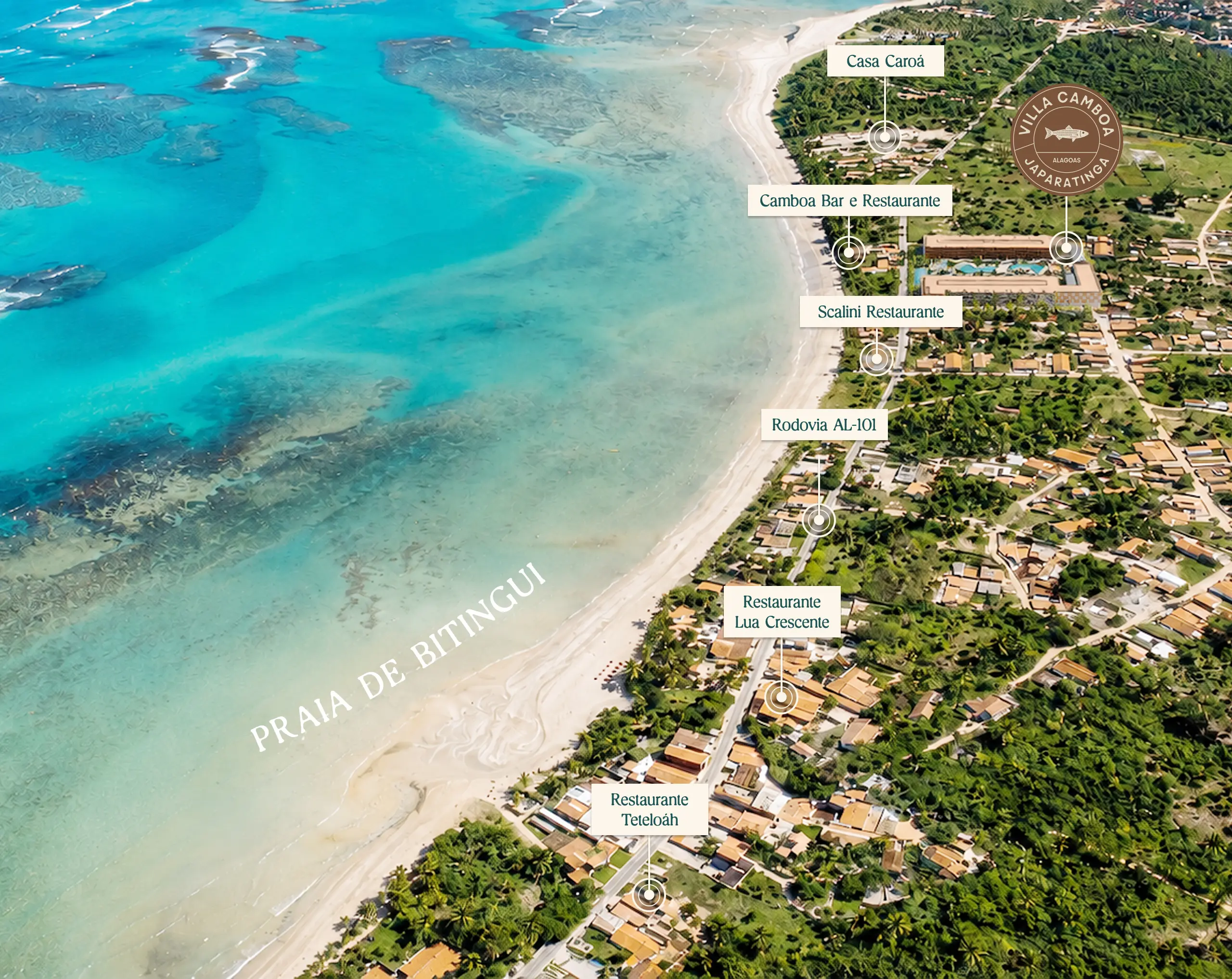 Vista aérea da Praia de Bitingui em Japaratinga/AL, com a localização do Villa Camboa e restaurantes próximos